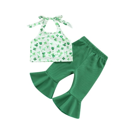 

Xkwyshop St. Patrick s Day Toddler Baby Girls 2Pcs Spring Outfits Shamrock Print Halter Tank Tops Flare Pants Set 2-3 Years