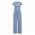 thumbnail image 2 of Two Piece Sets for Women Summer Casual Outfit Sets Solid Color Button Down Round Neck Short Sleeve Tops and Drawstring Wide Leg Pants with Pocket Sets Relaxed Vacation Wear, 2 of 8
