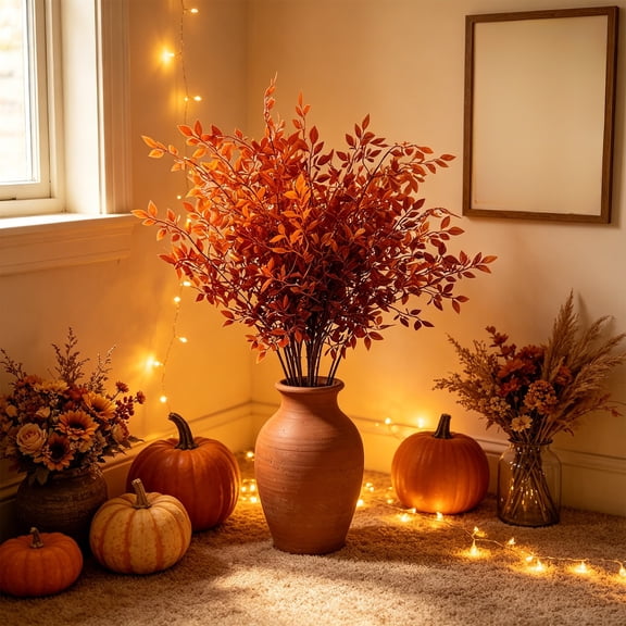 Fall Artificial Nandina Stem,36.36" Bendable Orange Red Faux Leaf Branch, Rustic Fake Greenery Picks for Vase Table Mantel Farmhouse Harvest Centerpiece Decor