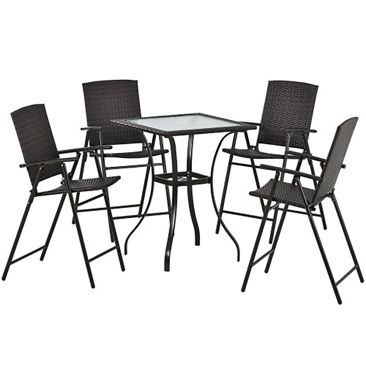 Kadyn Outdoor Patio PE Wicker 5 Piece Counter Height Dining Table Set with Umbrella Hole and 4 Foldable Chairs, Dining Table Set Glass Dining Table Set, Brown Kadyn Outdoor Patio PE Wicker 5 Piece Counter Height Dining Table Set with Umbrella Hole and 4 Foldable Chairs, Dining Table Set Glass Dining Table Set, Brown