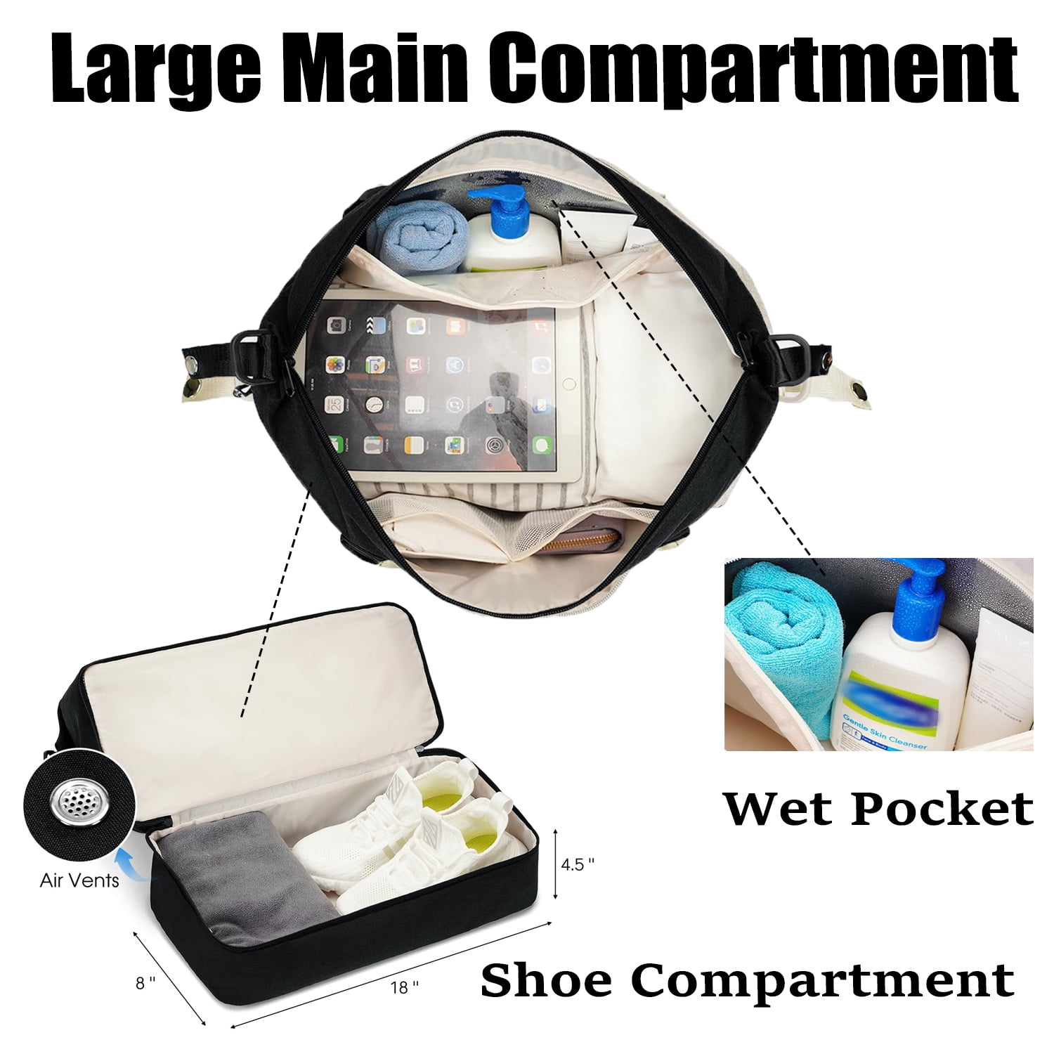 SportsNew Business Travel Bag with  Shoe Compartment  Wet Pocket ,TSA Carry on Personal Item Bag  18x14x8,Laptop Bag  with USB Charging Port, Gym Bag with Strip for Men Women(Black Bag)