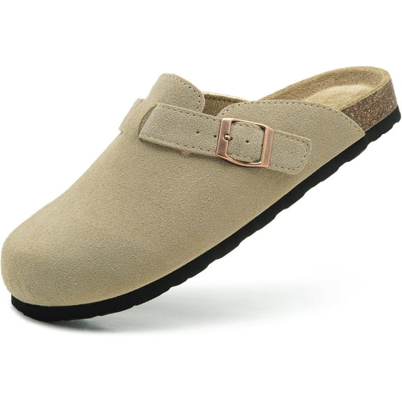 VENECORE Luna Women's Suede Clogs Leather Mules Cork Footbed Sandals Potato Shoes with Arch Support, Light Brown, US 8M