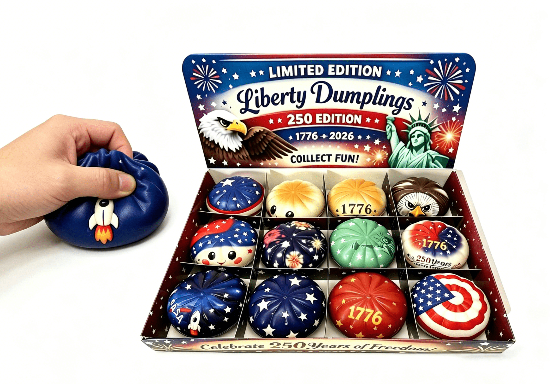 12 Pcs Liberty Dumplings 1776-2026 USA 250 Year Anniversary Dumpling Squishies, Squishy Fidget Fidget Toys for Anxiety Relief, 250 Anniversary USA Giant Glitter Dumplings Box for Adults (Muticolor)