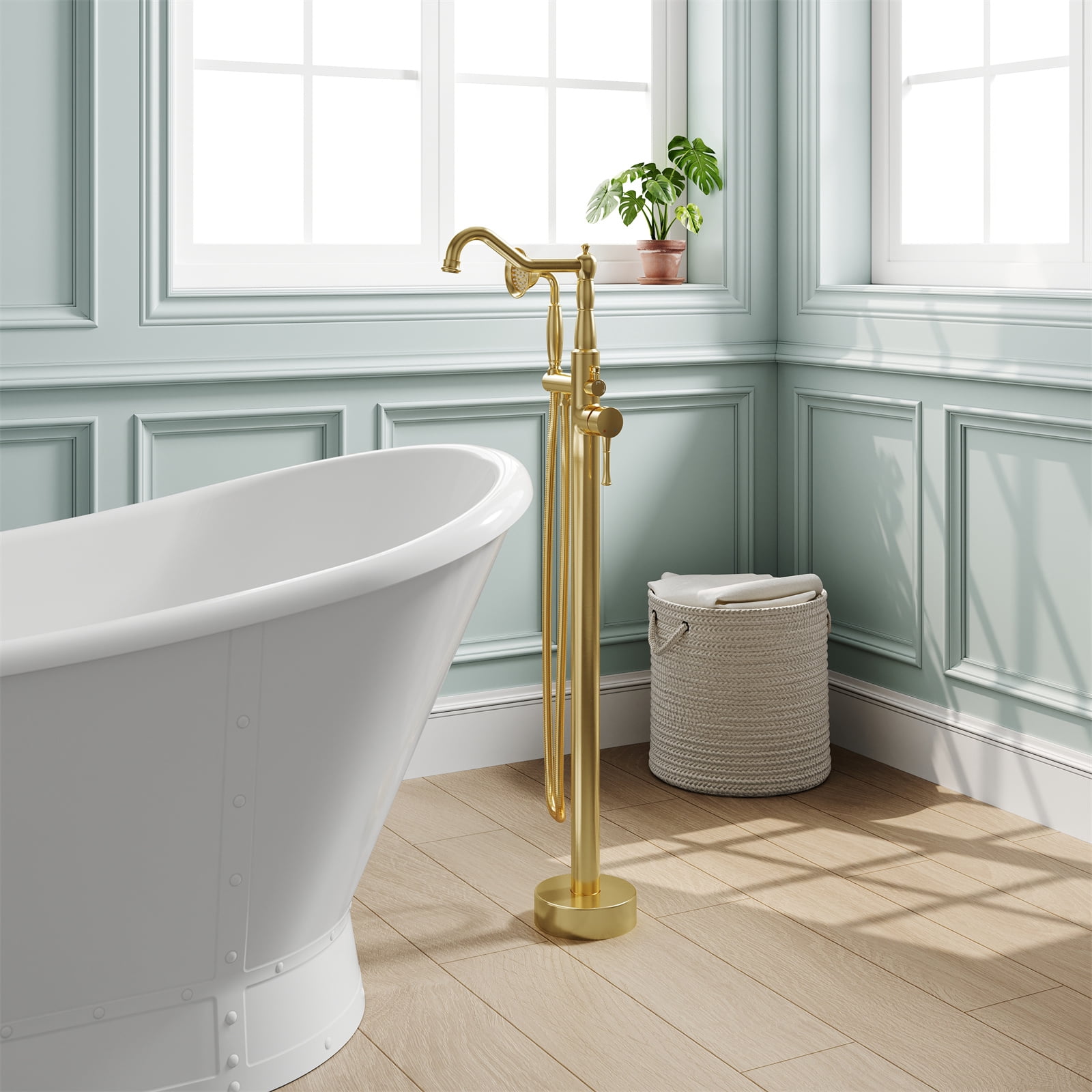 ANGELES HOME Freestanding Tub Faucet with Handheld Shower, Floor Mount Bathtub Filler, Roman Bathtub Faucet with Swivel Spout Brass Rough-in and Water Hose, Brushed Gold