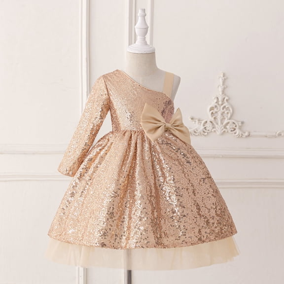ZHOGXU Big Kids Girls Dress One Shoulder Solid Color Sequins Bow Design Elegant Stylish Tutu Dresses For Birthday Party Evening Gown Gold 3-4 Years