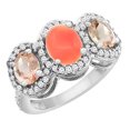 thumbnail image 1 of 14K White Gold Natural Coral & Morganite 3-Stone Ring Oval Diamond Accent, size 8, 1 of 2
