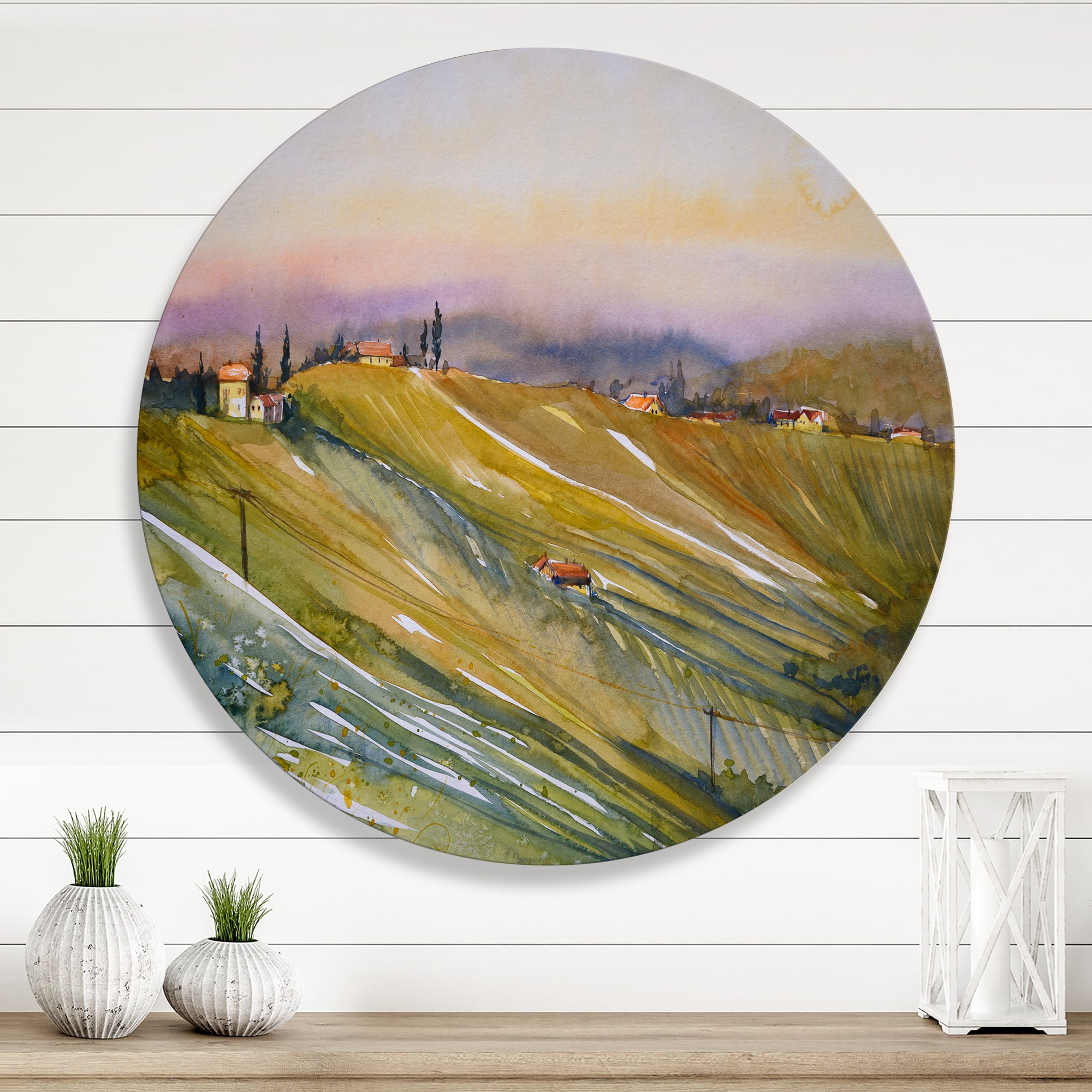 Designart 'Vineyard At Morning In Tuscany Italy' Country Circle Metal Wall Art 23x23 - Disc of 23