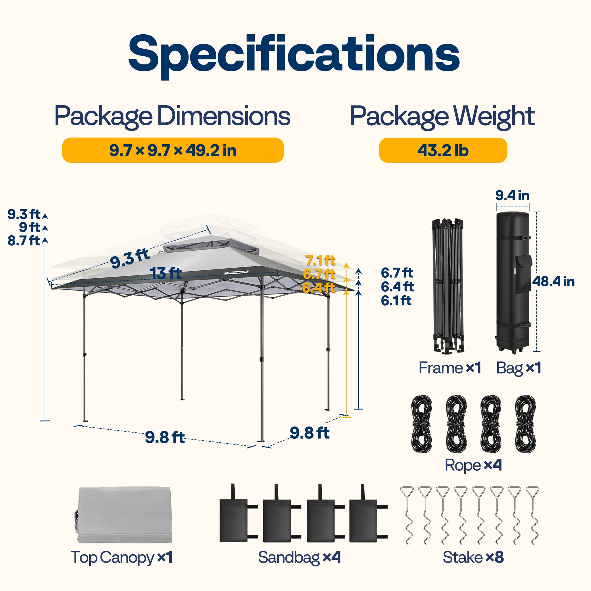 SPECSTAR 13x13ft Pop Up Gazebo One Push Setup Canopt Tent Heavy Duty with Wheel Carry Bag, Center Lock and 4 Sandbags, 169 Square Feet of Shade, Grey