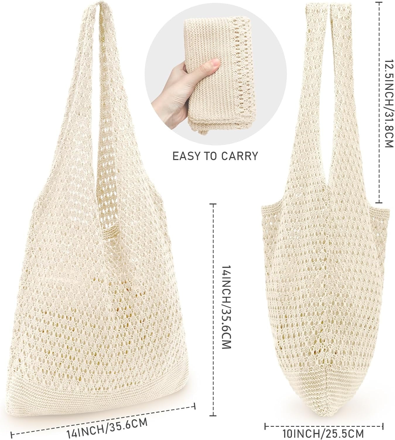 Gocvo Crochet Bag for Women, Crochet Tote Summer Bag Mesh Large Shoulder Bag (Beige 14 x 10 x 26.5in)