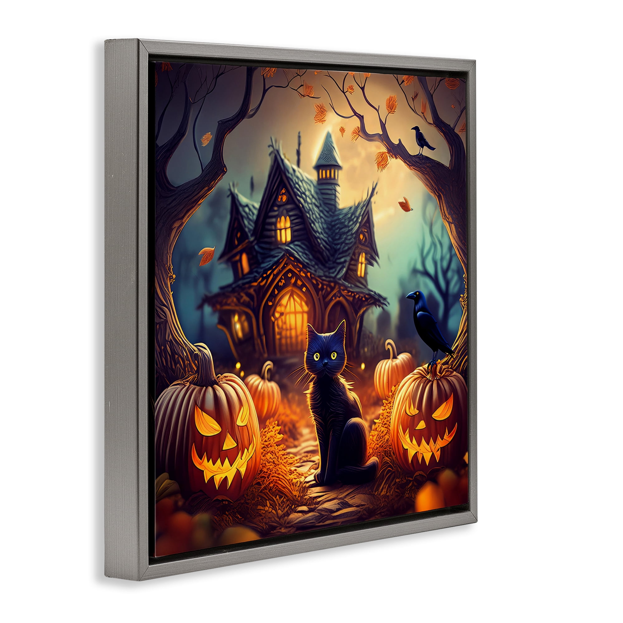 Stupell Industries Haunted House & Black Cat Holiday Painting Gray Floater Framed Canvas Art Print Wall Art, 25 x 25
