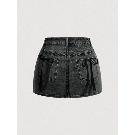 Black Bow-Decorated Denim Mini Skirt With Tie-Details For Summer