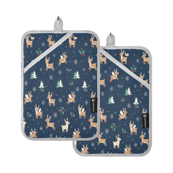 Two Pieces Of Square Heat Insulation Pad Oven Mitts Elk Christmas Tree 7x9.8 Inch Oven Microwave Kitchen Cooking Baking