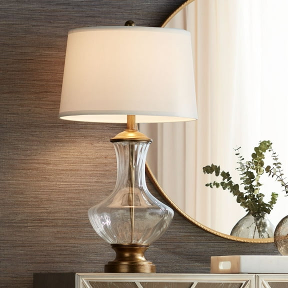 Regency Hill Harlow 28 1/2" Tall Traditional End Table Lamp Gold Brass Finish Fluted Glass Single White Shade Living Room Bedroom
