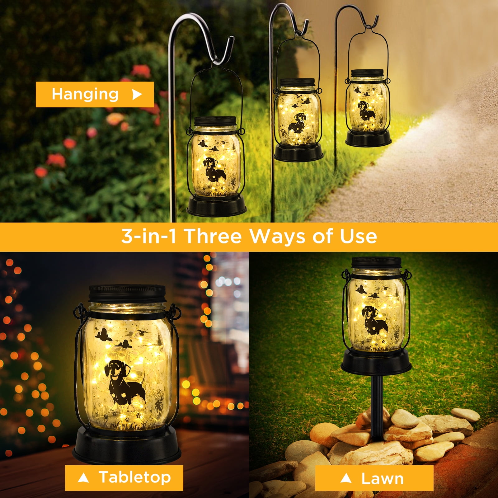 Dachshund Solar Lanterns Mother's Day Gift Outdoor Garden Hanging Solar Lights Fairy and Dog Lover Gifts for Women, Memorial Gifts Fairy Lights for Patio Yard Lawn Outside Decor Lamp