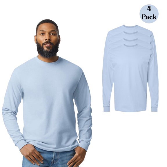Gildan Heavy Cotton Long Sleeve T-Shirt, Adult Crew Neck Classic Fit Light Blue Blank Tee 4-Pack S