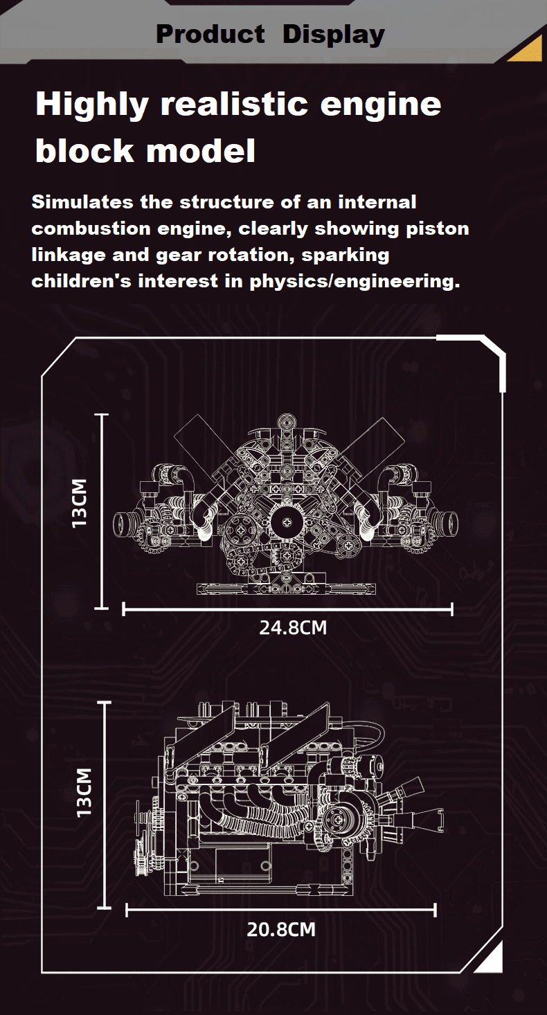 V8 Engine Building Blocks Sets, V8 Engine Model Kit That Runs, MOC Scale Model Kit with Battery and Motor, Build Your Own MOC Mini V8 Engine Model Toy, Construction Toys Gifts for Men Friends Couple