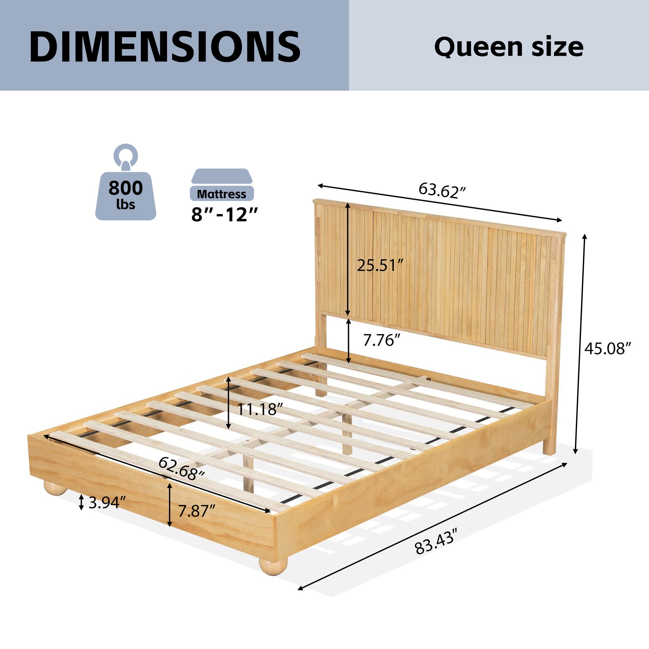 Christopher Knight Home 83.4" Queen Size Platform Bed Frame with Reeded Headboard, Solid Wood, Natural