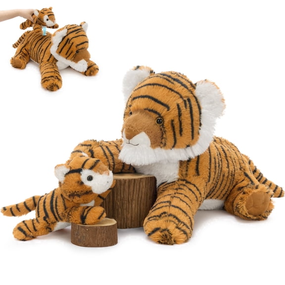 Tezituor 2PCS Tiger Stuffed Animal 18'' Mommy and Baby Tiger Plush with Interactive Connecting Design