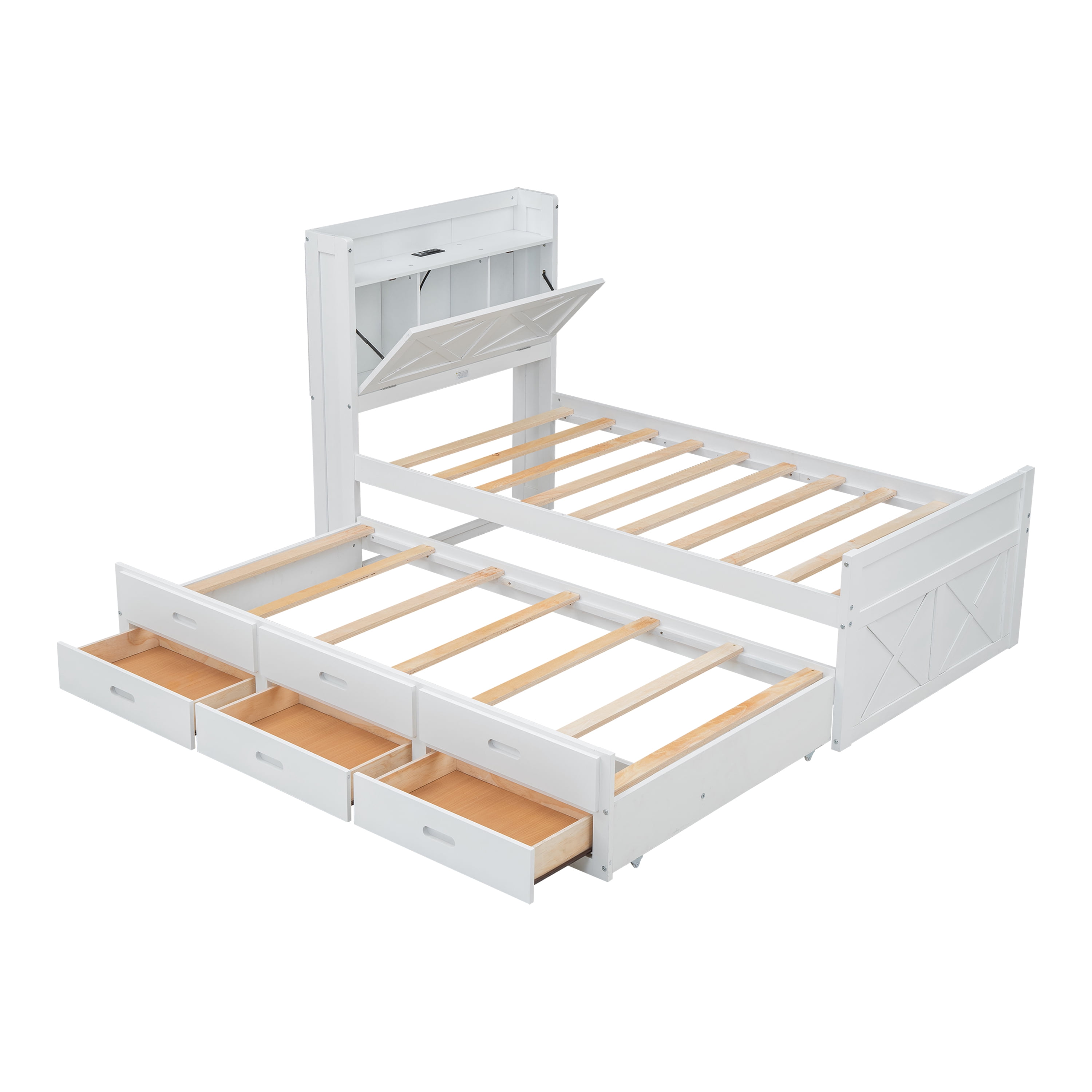 Mintazer Farmhouse Twin Bed with Trundle & 3 Drawers, Extendable Platform Bed with Headboard Storage & Charging Station for Bedroom, White