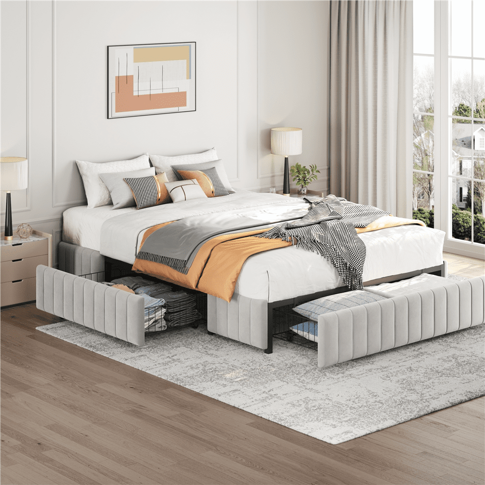 Fullfurnique Upholstered Platform Bed Frame with Three Storage Drawers, Queen, Beige