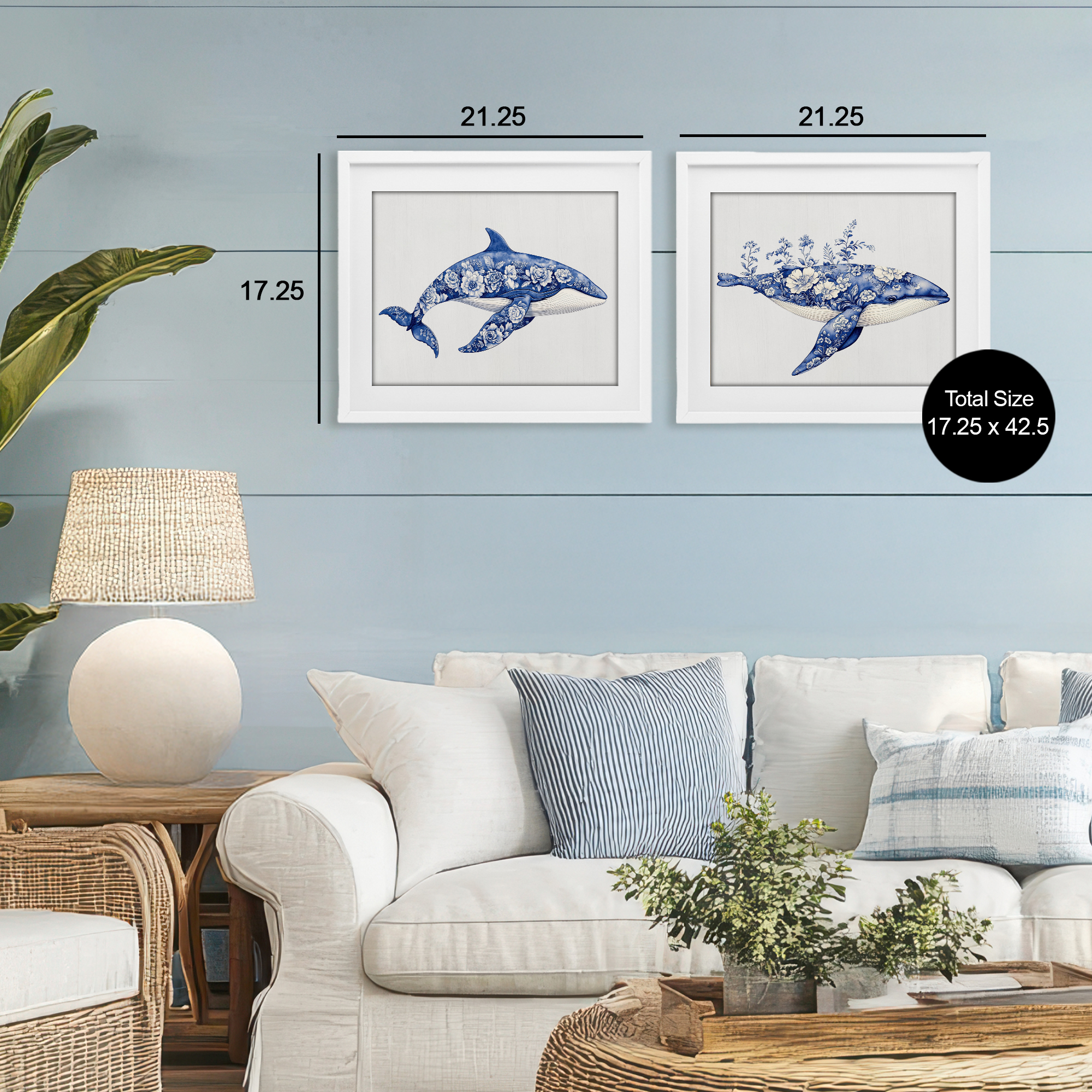 Blooming Toile Pattern Whales 2 Piece White Framed Print Under Glass Set, design by Lettered and Lined