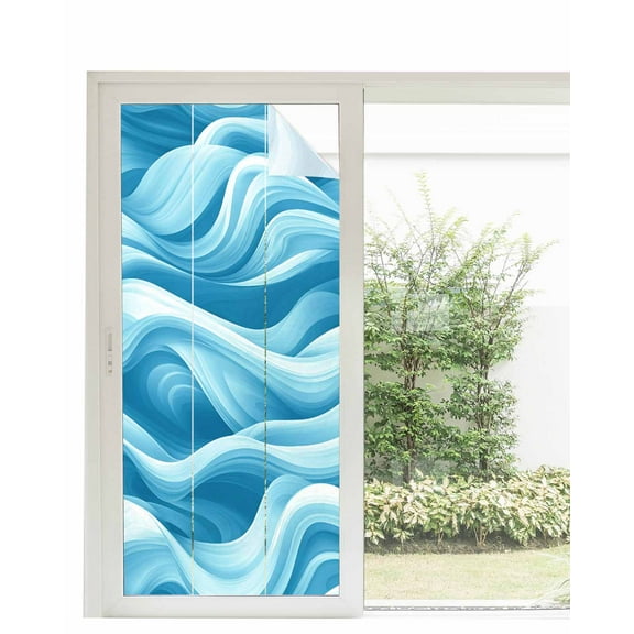 Window Privacy Film Blue White Ombre Stained Glass Window Film Decorative Sun Block Window Cover Modern Abstract Art Moire Window Clings Static Adhesive Sticker for Bathroom 35.4"x78.7"
