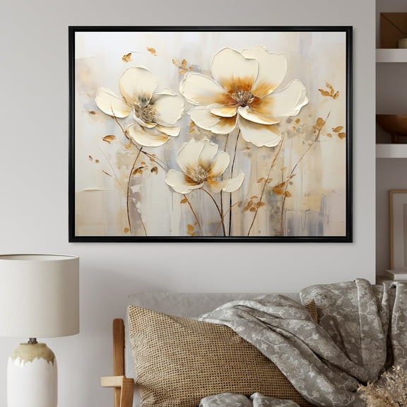 Designart "Tranquil Beige Floral Transitions" Seasonal Flowers Floater Framed Wall Art Living Room