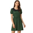 thumbnail image 1 of Vestido entallado y con vuelo de manga corta abullonada con cuello Peter Pan en contraste para mujer Verde Oscuro S, 1 of 6