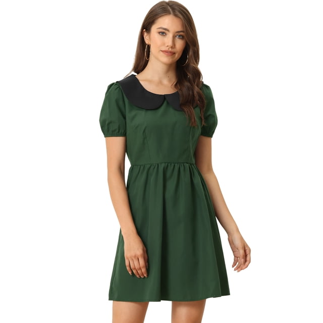 Vestido entallado y con vuelo de manga corta abullonada con cuello Peter Pan en contraste para mujer Verde Oscuro S
