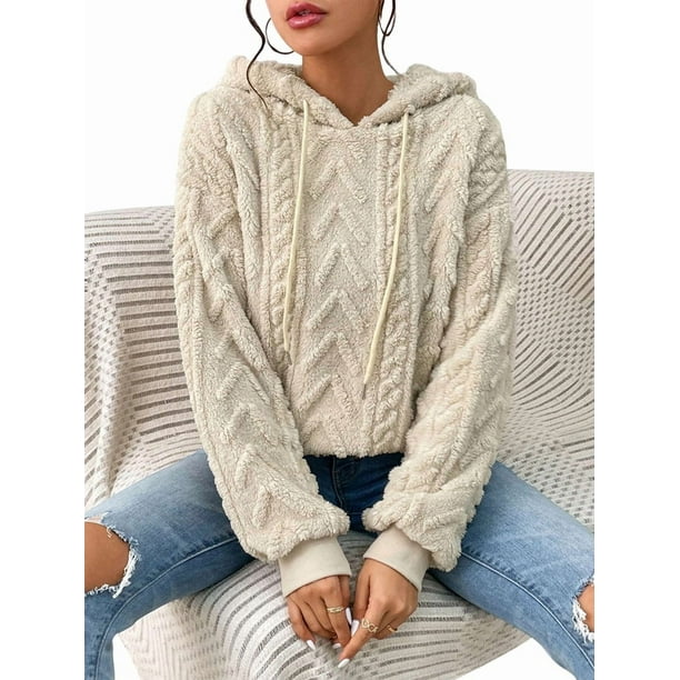 Suéter Holgado de Franela con Capucha para Mujer, Larga y Cálido para Invierno Albaricoque L