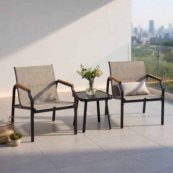 Spaco 3 Piece Outdoor Chair Set with Breathable Fabric Seat and Armrests, Patio Furniture Set for Patio, Garden, Backyard, Brown