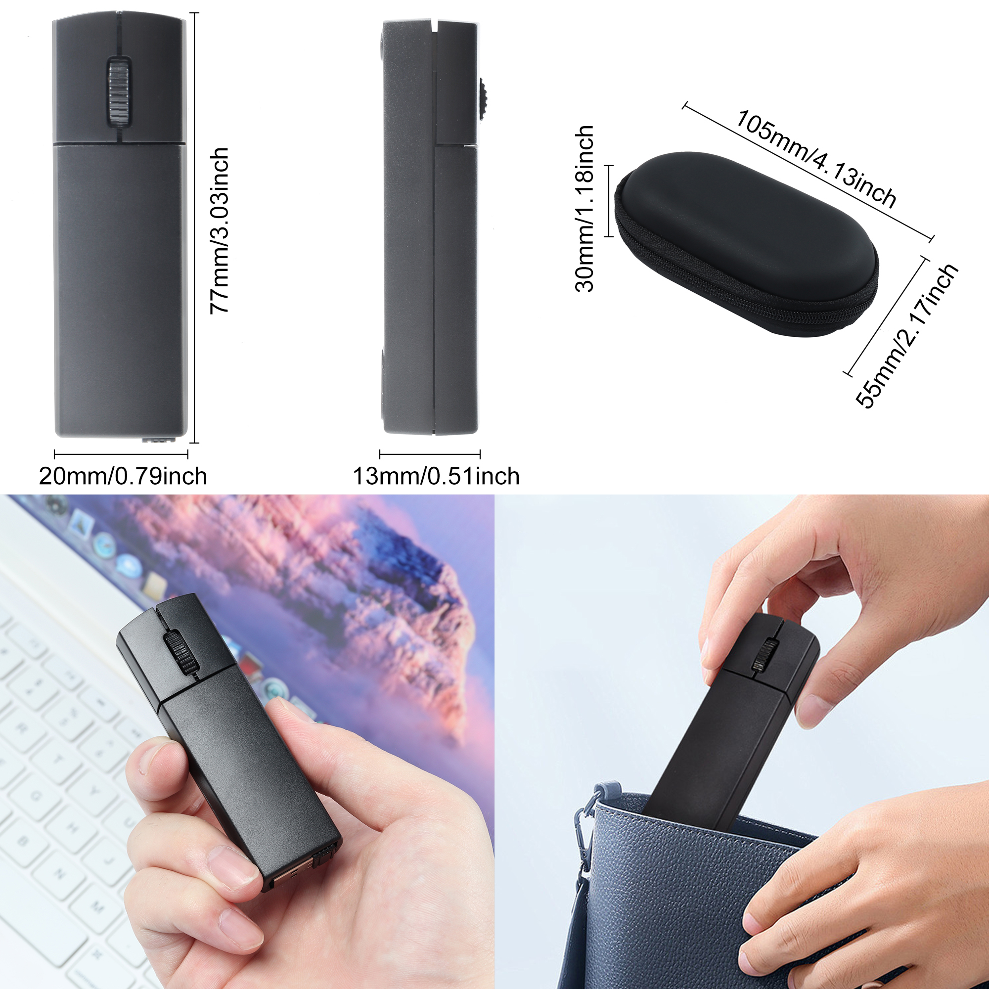 Dpisuuk Wireless Mouse Bluetooth Mini Silent Dual-Mode 2.4GHz & Bluetooth Computer Mice with Case Rechargeable Portable Small Wireless Mouse for Laptop PC Desktop MacBook Tablet Kids Gift, Black