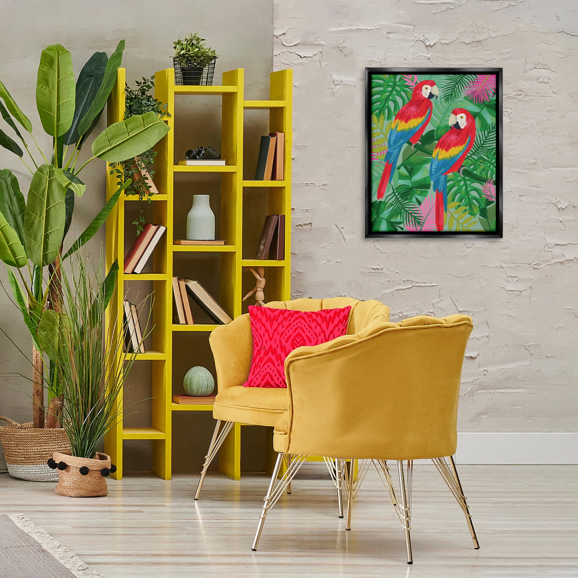 Stupell Industries Pink Paradise Parrots Animals Painting Black Floater Framed Canvas Art Print Wall Art, 17 x 21