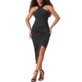 thumbnail image 2 of Cocktail Party Midi Dress for Women's Halter Neck Sleeveless Ruched Asymmetrical Bodycon Dress Black XL, 2 of 6