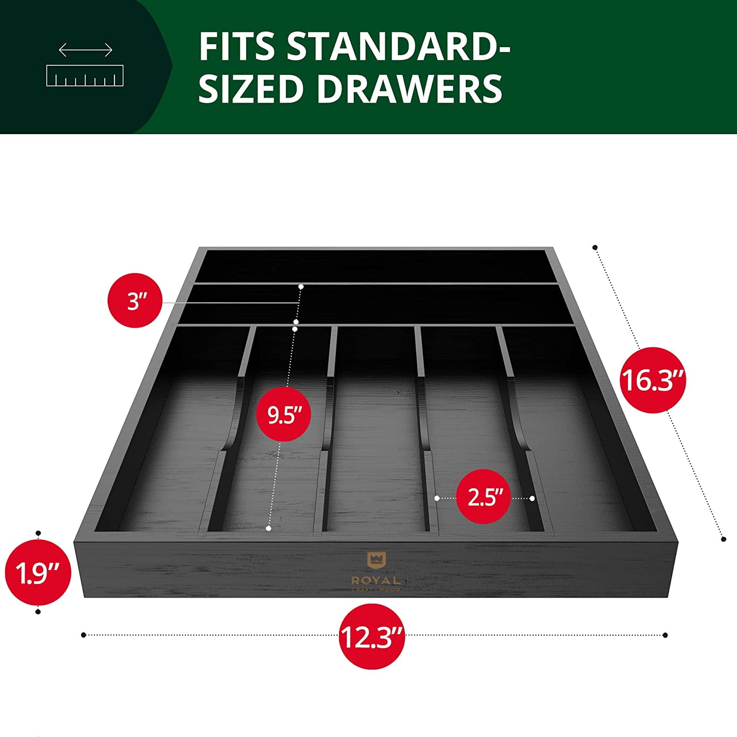 Royal Craft Wood Bamboo Kitchen Drawer Organizer Tray – Silverware Drawer Organizer and Utensil Holder for Flatware, Cutlery & Kitchen Storage (7 Slot, Black)