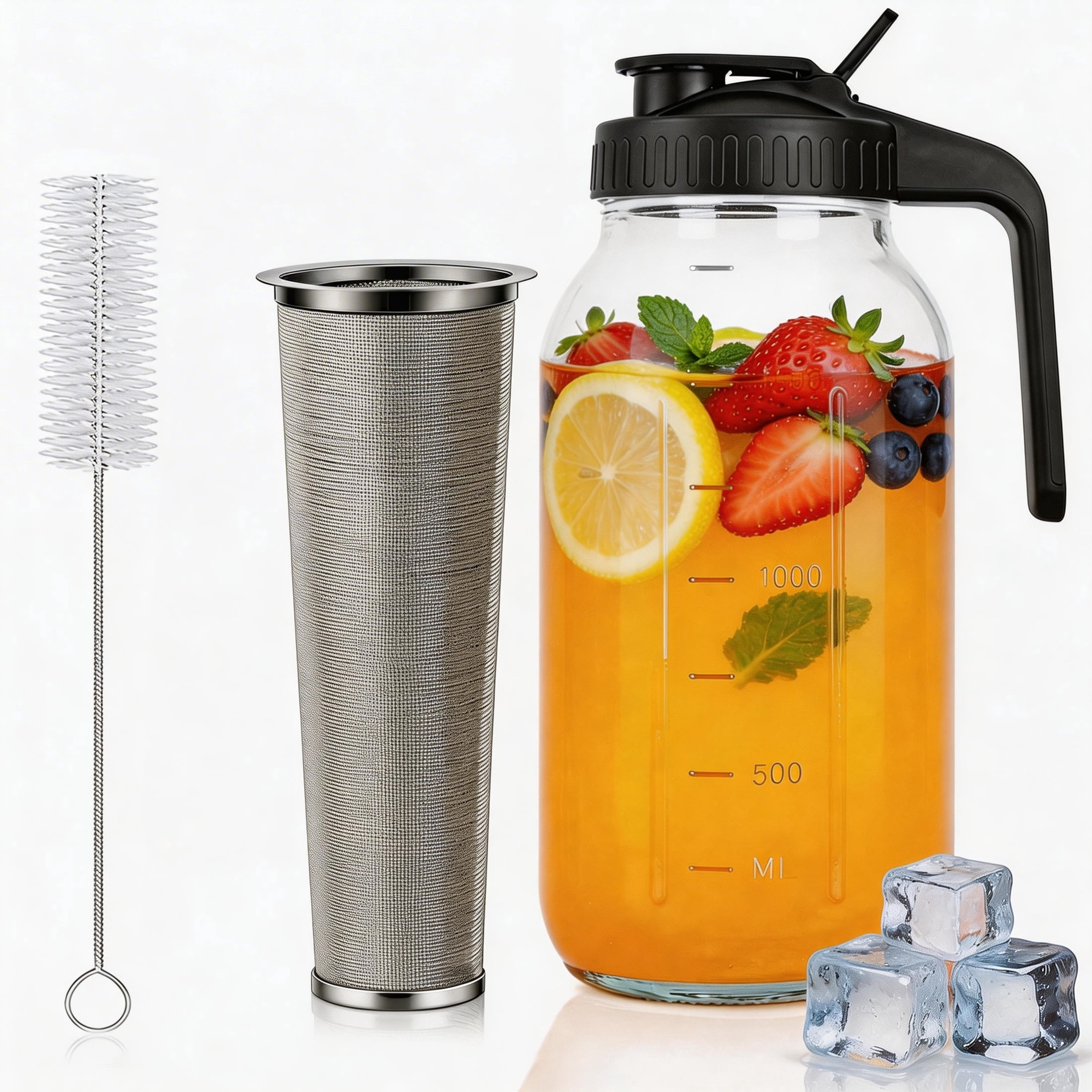 Cold Brew Coffee Maker, 64 oz Mason Jar Pitcher with Stainless Steel Filter, Pour Spout Handle Lid, Glass Airtight & Leak-Proof Pitcher for Iced Brew Coffee & Tea Lemonade