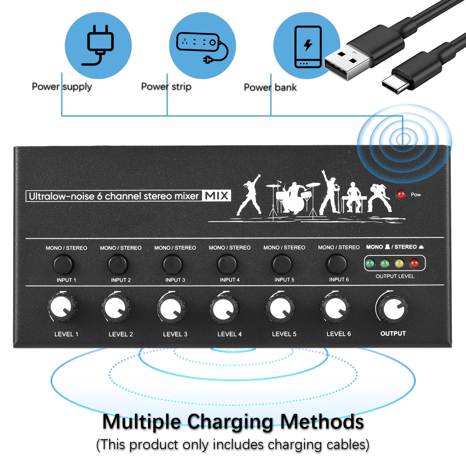 Audio Mixer,6-channel Audio Stereo Metal Shell Usb Stereo Line Mono/6.5 Dual Channels Shell Usb Type-c 6.35mm Mono/6.5 Dual Dsfen Mewmewcat Rusuo 6-channel Mer Stereo Line Mer Metal