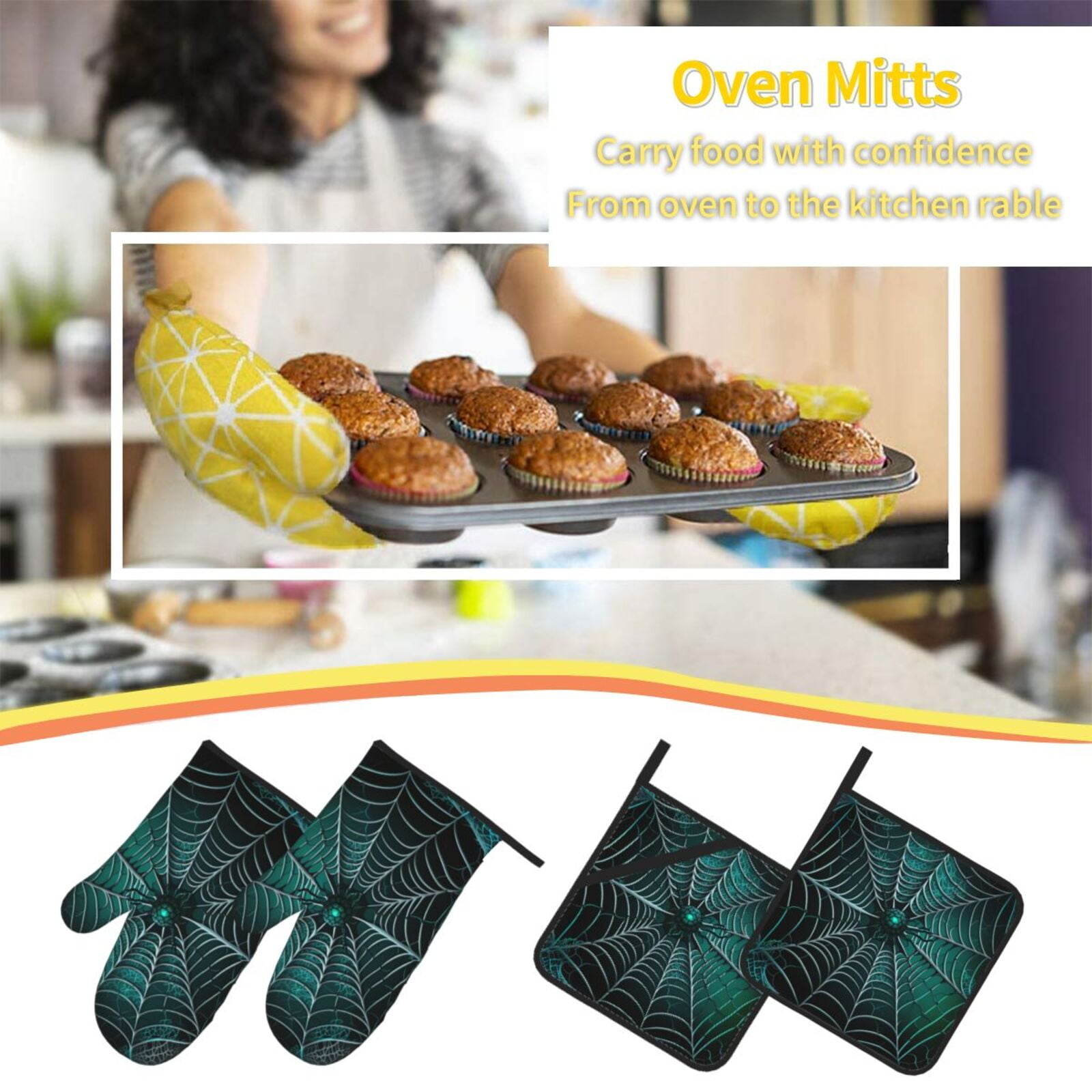 Spider Web Gothic Art 4Pcs Oven Mitts and Pot Holders Sets Oven Kitchen Gloves Hot Pads for Cooking BBQ Baking Grilling