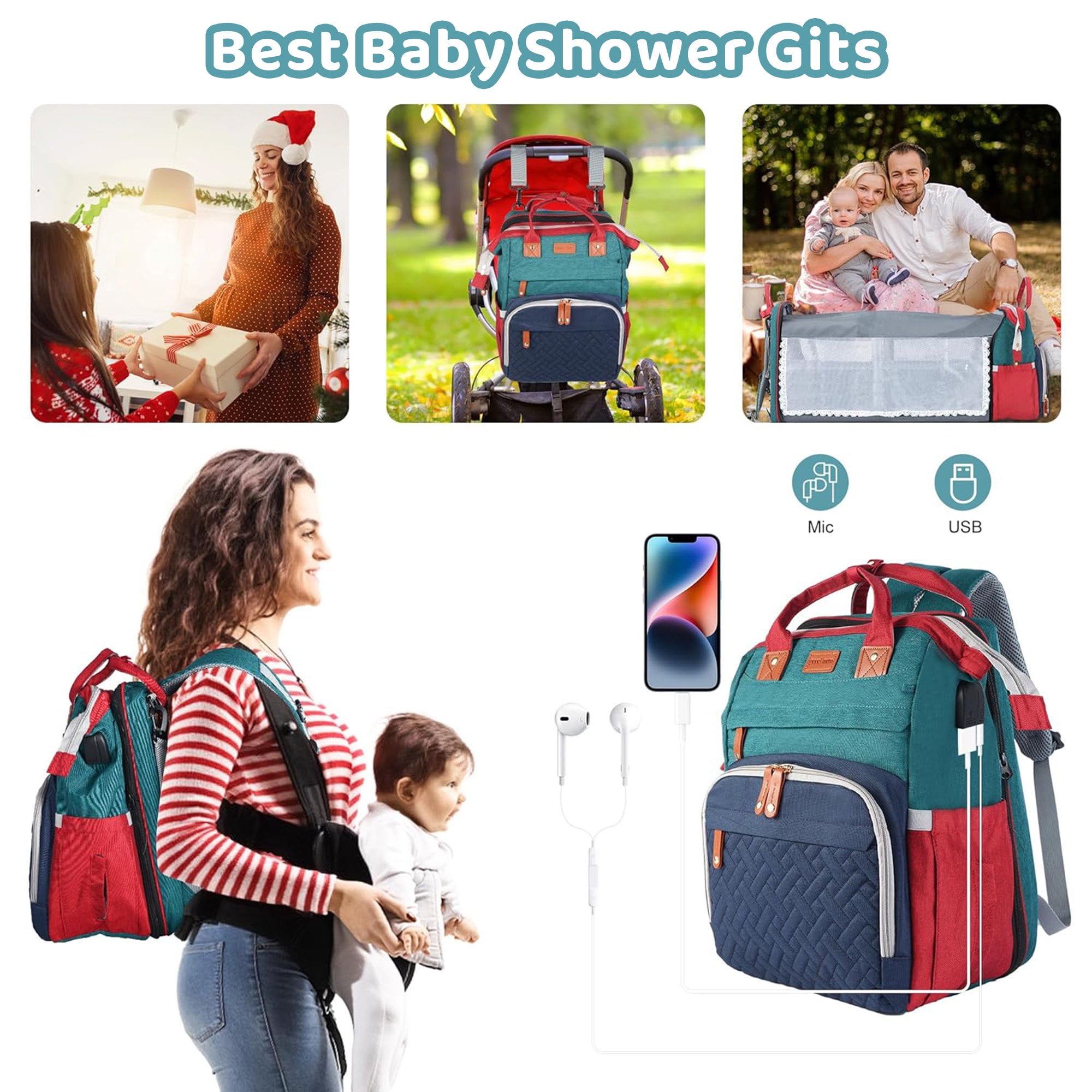 Morfone Diaper Bag Backpack with Changing Station, WaterproofLarge Capacity Baby Bag with USB Charging Port & Pacifier Case - Unisex, Colorful