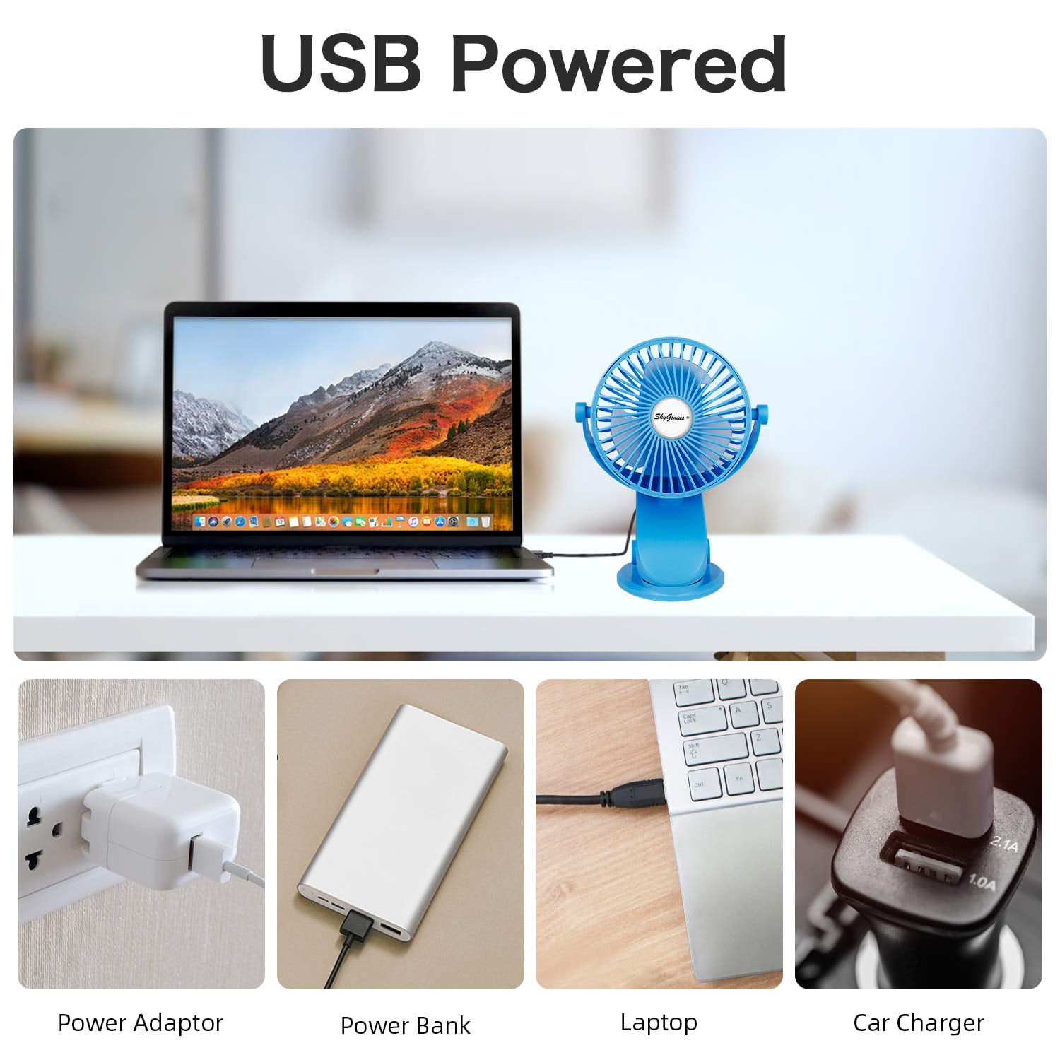 SkyGenius 3-Speed Rechargeable Clip-On Desk Fan