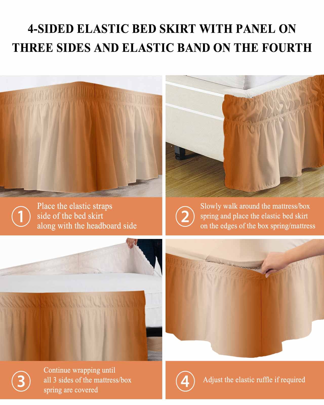 Burnt Orange Ombre Bed Skirt King Size, Modern Gradient Abstract Art Wrap Around Bed Skirting with Adjustable Elastic Strap, Dust Ruffled Pleated Bedskirts 18 Inch Drop for Bedroom King Beds