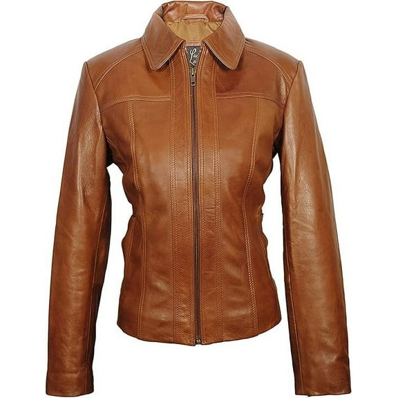 Celebrity Women's Tan Lambskin Leather Collared Jacket Motorcycle Slim Fit Biker W429