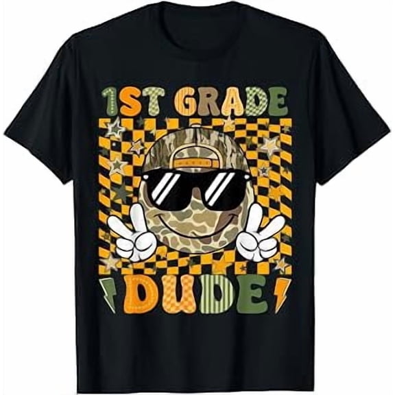 1st Grade Dude Camo Peace Sign Graphic First Day of School Boys Short Sleeve T-Shirt