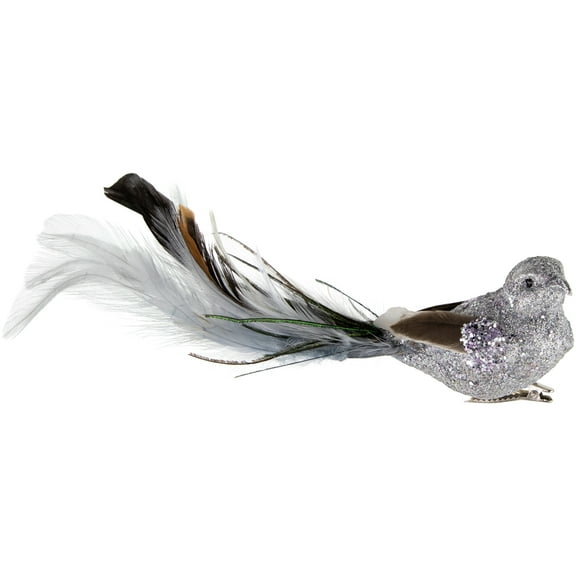 Northlight Glitter Bird with Clip and Feather Tail Christmas Ornament - 8" - Silver