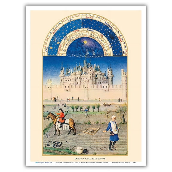 October: Louvre Castle - Book of Hours (Très Riches Heures) - Vintage Illuminated Manuscript by Limbourg Brothers c.1400s - Master Art Print (Unframed) 9in x 12in