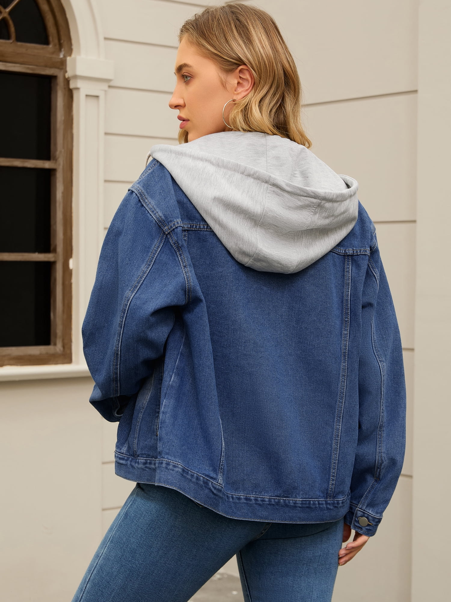 Unique Bargains Women's Denim Long Sleeves Jacket with Detachable Hoodie L Dark Blue