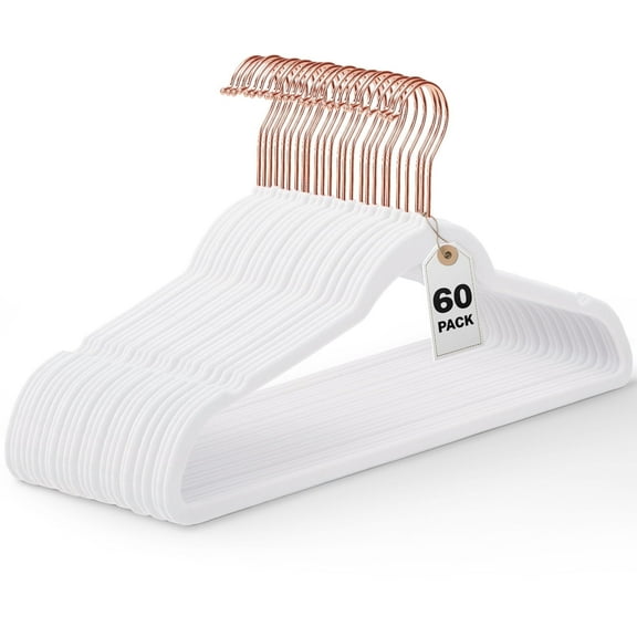 HOUSE DAY White Velvet Hangers 60 Pack, Premium Clothes Hangers Non-Slip Felt Hangers, Sturdy White Hangers Heavy Duty Coat Hangers, Durable Suit Hangers for Space Saving, No Hanger Marks Gold Hook