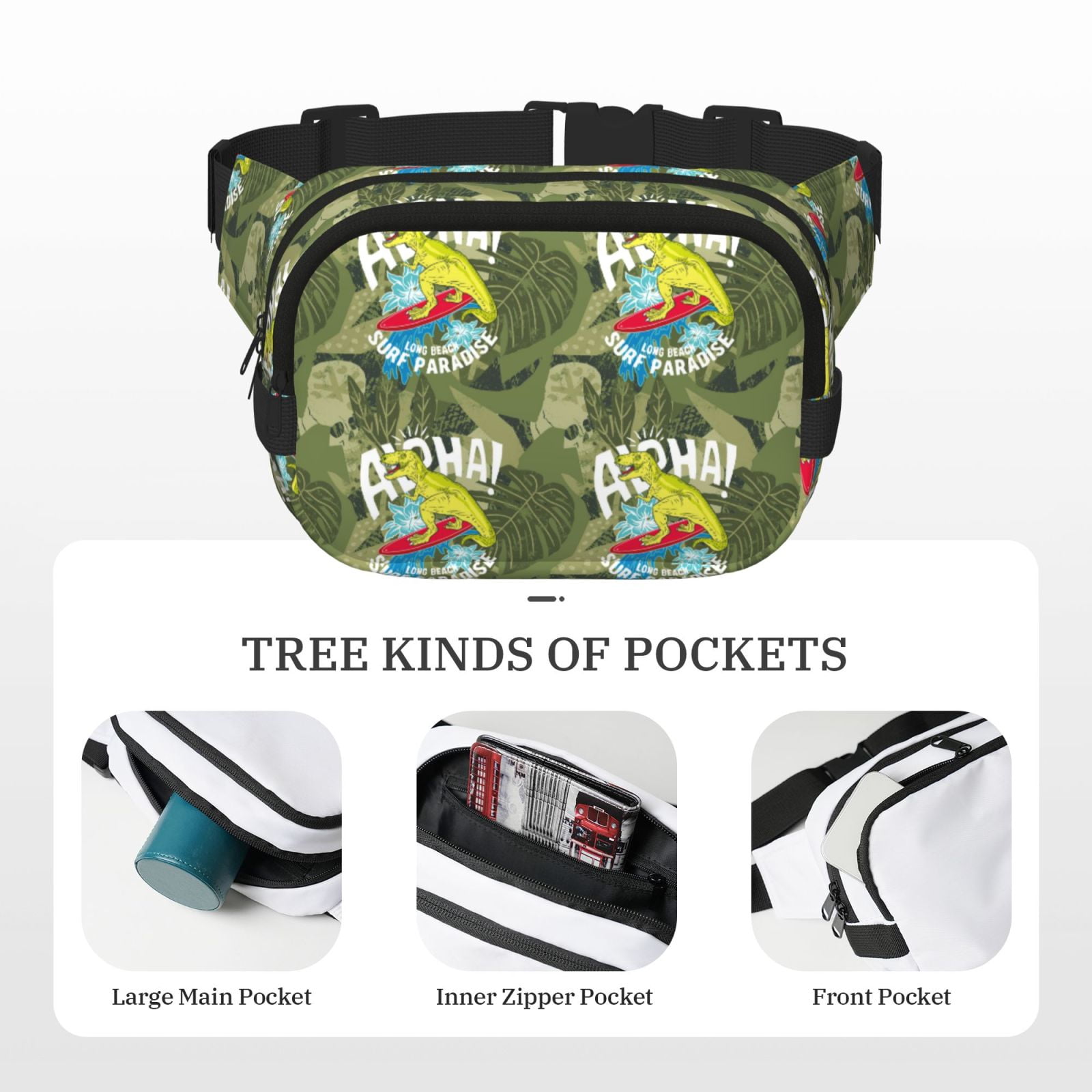Picia Surfing Dinosaur Print Square Double-Layer Waist Bag Mini Adjustable Waist Belt Bag Exercise Running Travel Hiking