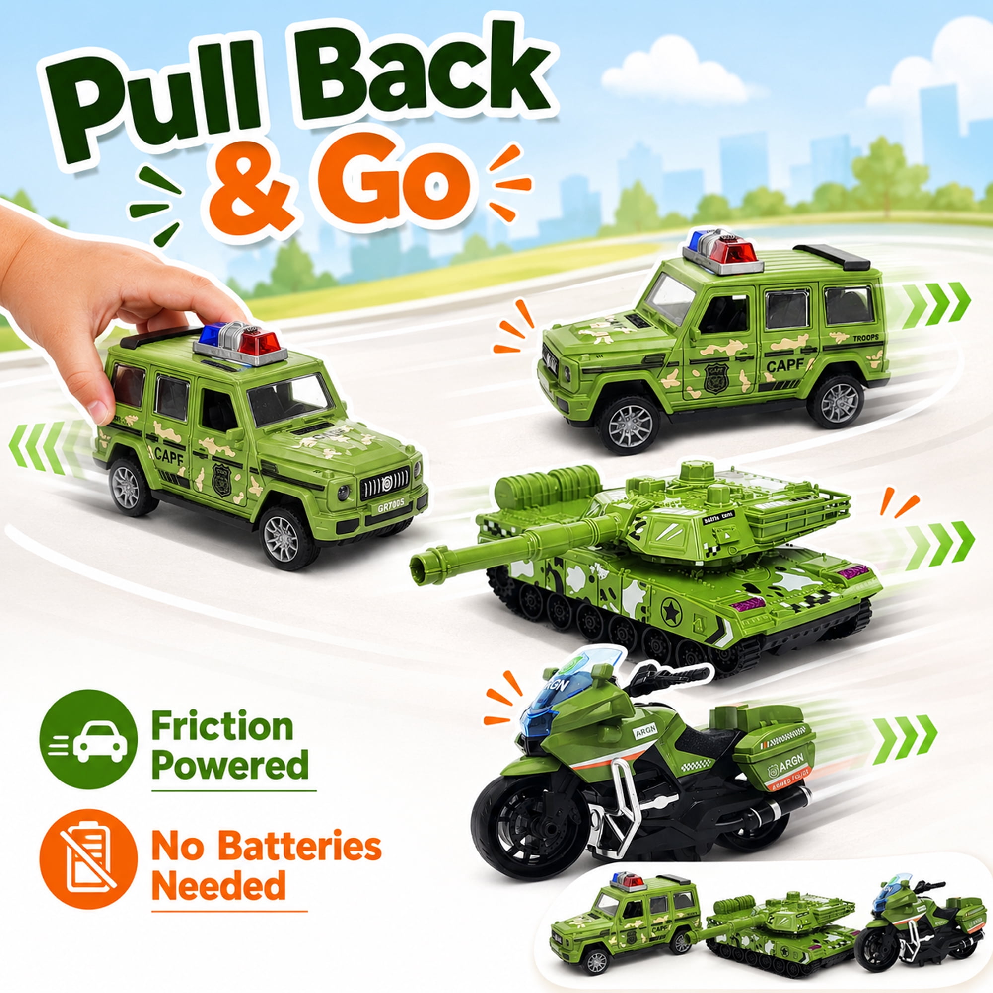 Friction Powered Vehicle Toys 3 Pack, Camouflage Tank Jeep Motorcycle Push and Go Toy Cars for Kids Ages 3+, No Battery Gift Set