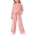 thumbnail image 2 of SHTXOZHI Velvet Outfits for Girls Cropped Long Sleeve Tops Matching Wide Leg Pants Shiny Loungewear 2 Piece Sets, 2 of 9